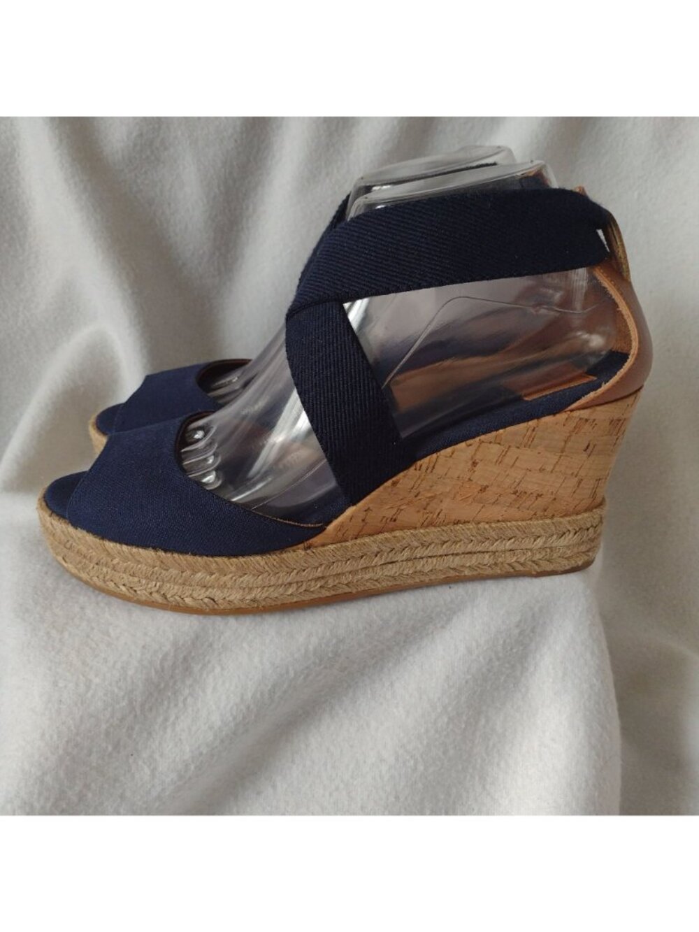 Tory Burch Natanya Wedge Espadrilles 9 Navy Blue Sandals w Elastic Ankle Straps - Picture 10 of 10